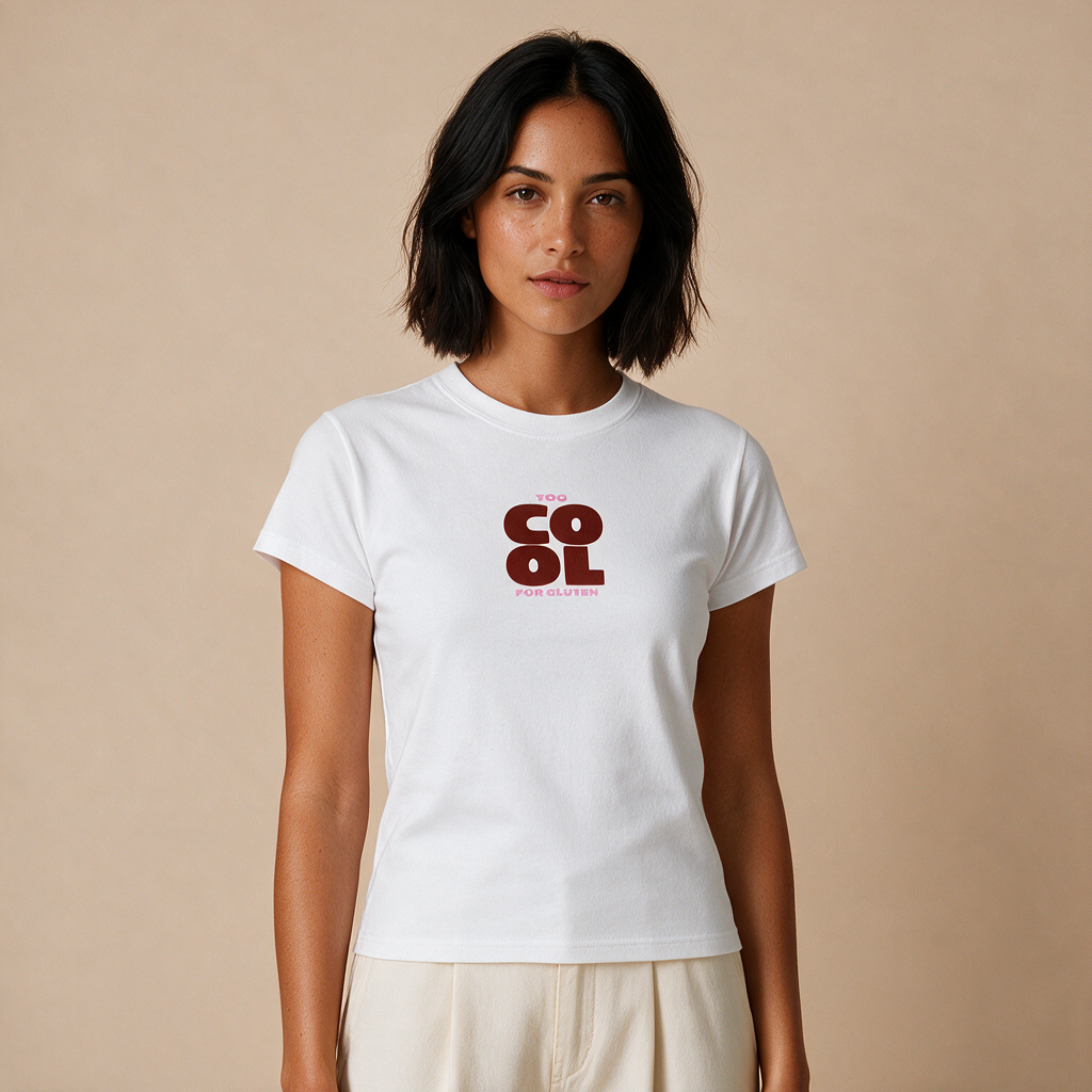 Too Cool For Gluten – Damen Baby Tee – Mockup